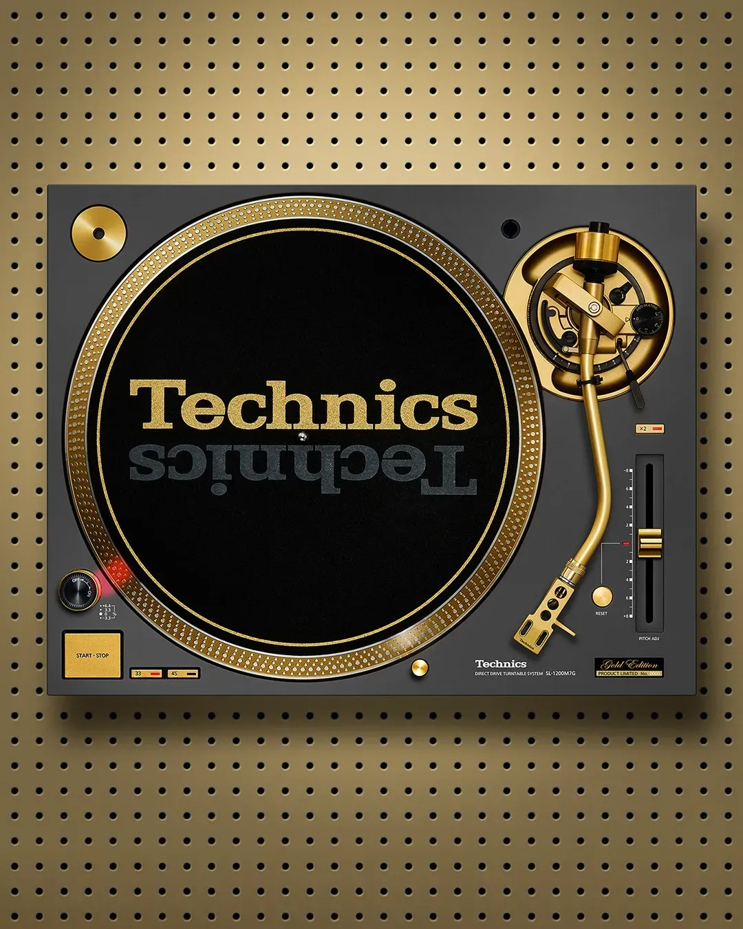 Top view of a gold-trimmed Technics SL-1200M7G turntable with pitch fader on perforated gold panelling