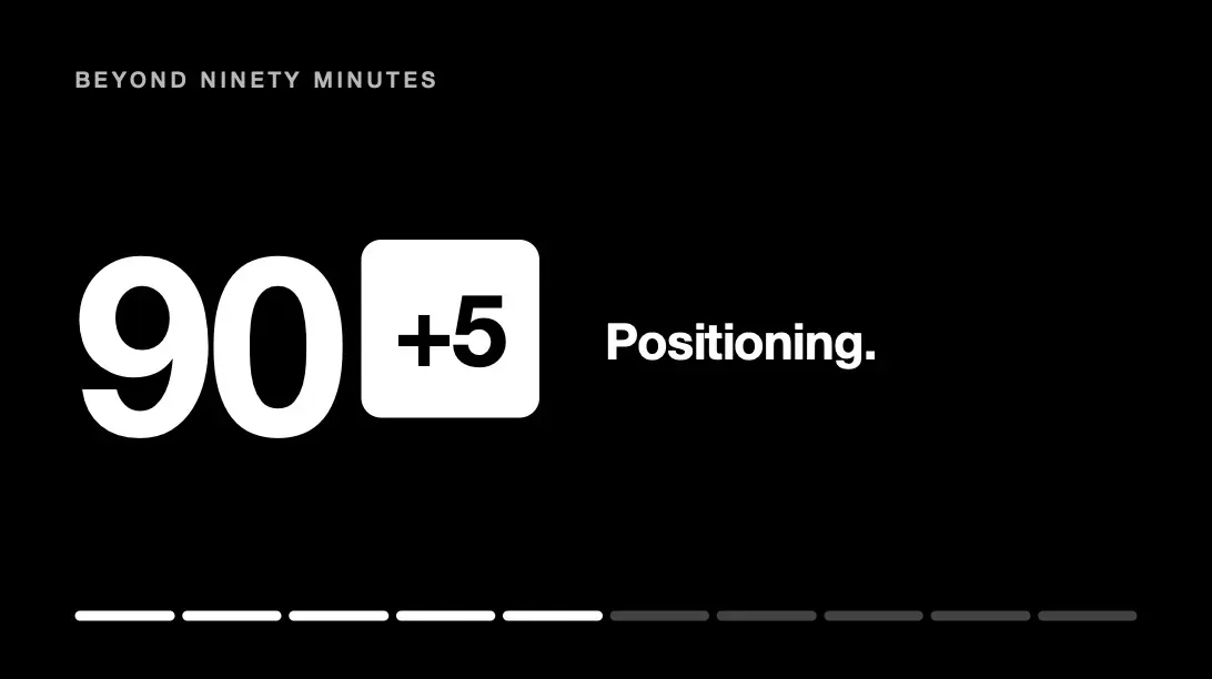 Black title card reading BEYOND NINETY MINUTES, 90+5, Positioning, five progress segments filled