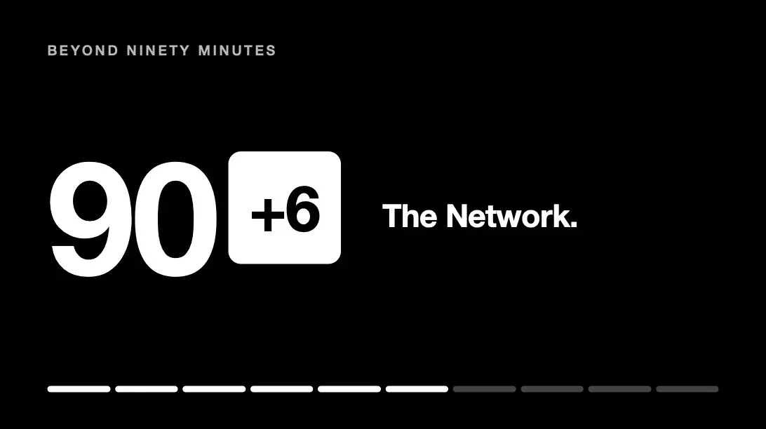 Black title card reading BEYOND NINETY MINUTES, 90+6, The Network, six progress segments filled