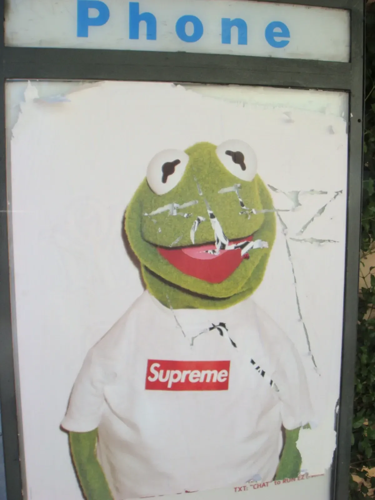 Peeling street poster of Kermit the Frog wearing a white Supreme box logo T-shirt