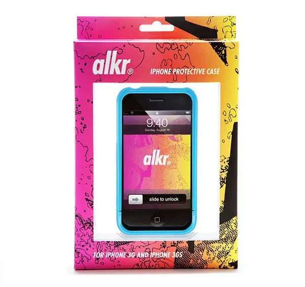 Colorful retail box for an alkr iPhone protective case showing a blue-framed phone inside