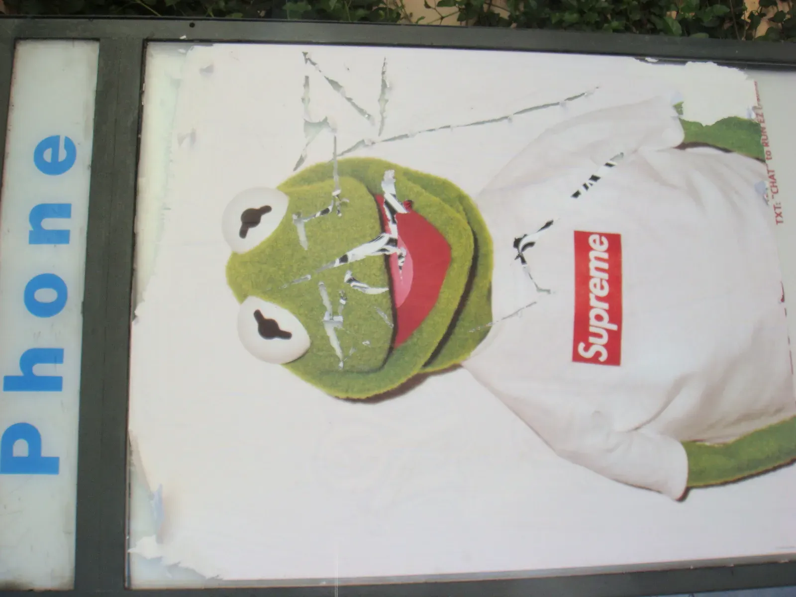 Peeling street poster of Kermit the Frog wearing a white Supreme box logo T-shirt