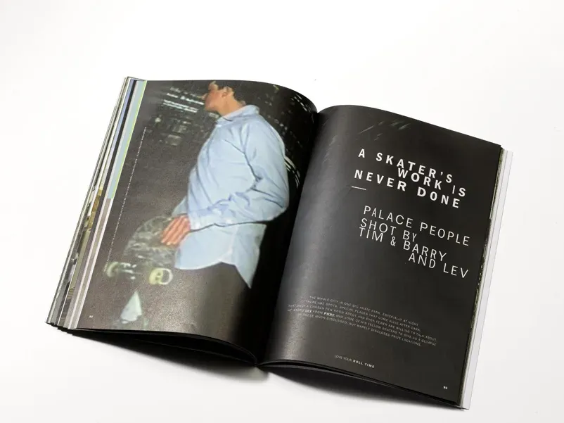 Open magazine spread reading A Skater's Work Is Never Done next to a skater photo