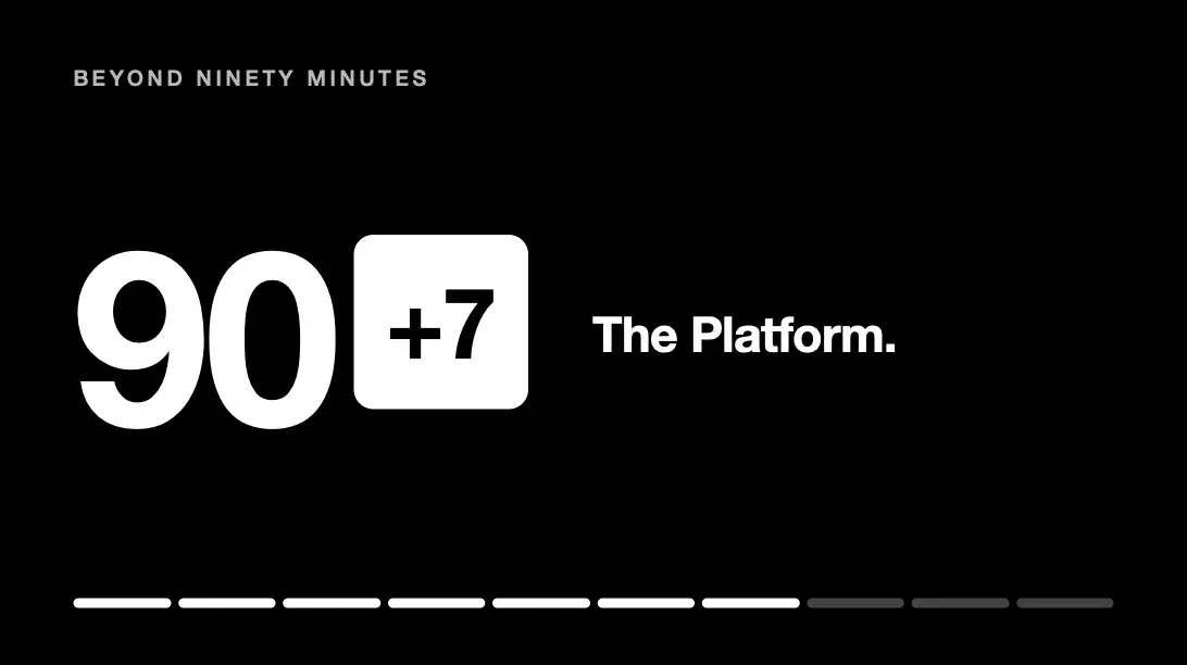 Black title card reading BEYOND NINETY MINUTES, 90+7, The Platform, seven progress segments filled