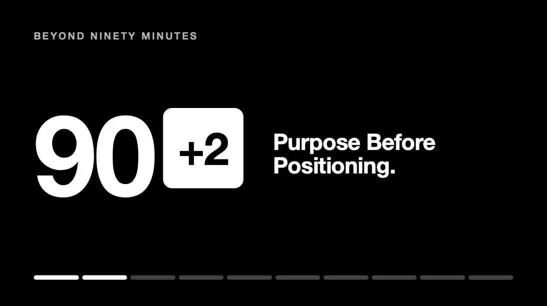 Black title card reading BEYOND NINETY MINUTES, 90+2, Purpose Before Positioning, second segment filled