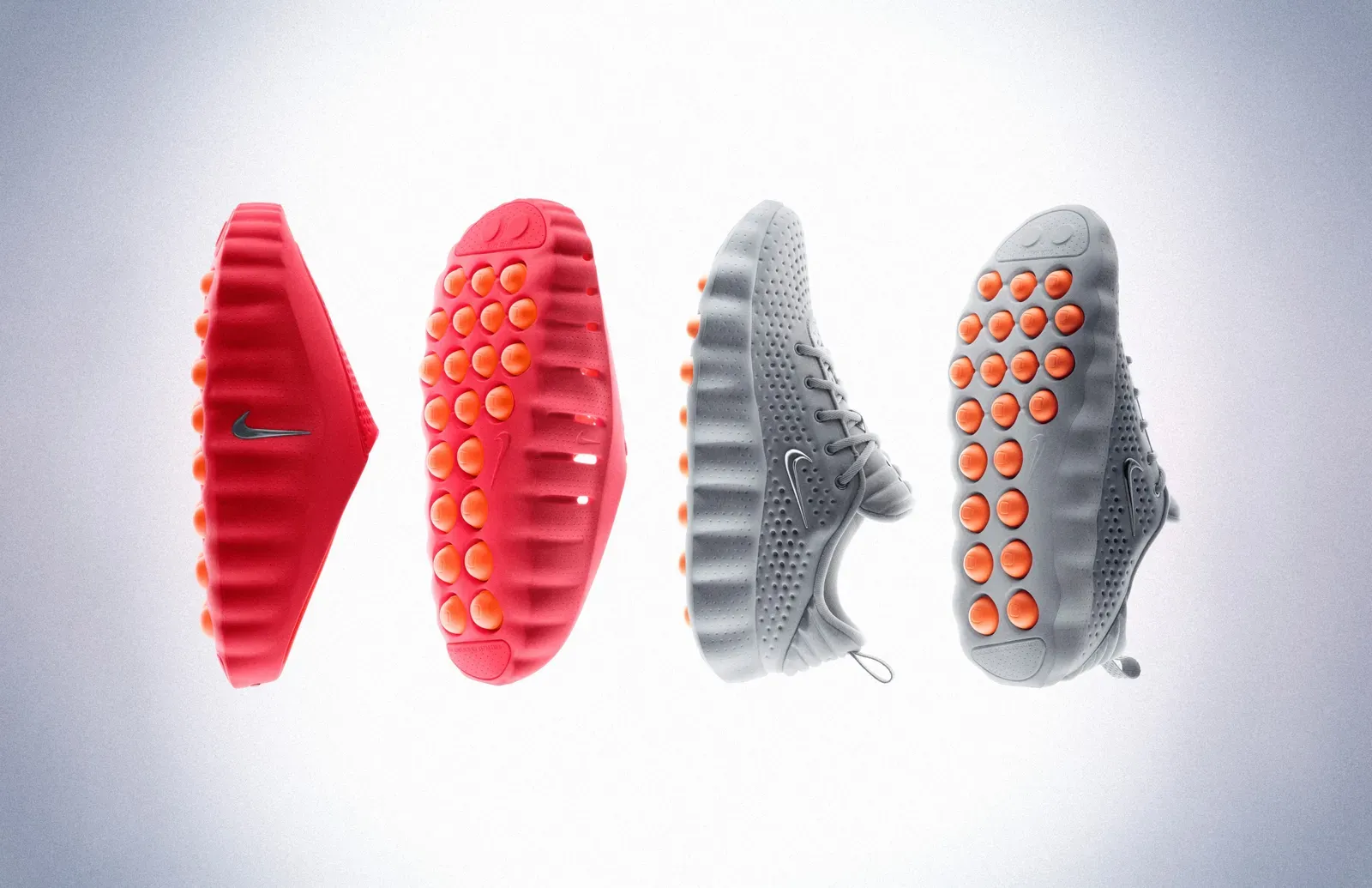 Four studded shoe soles and sneaker profiles in red and grey floating against a white background