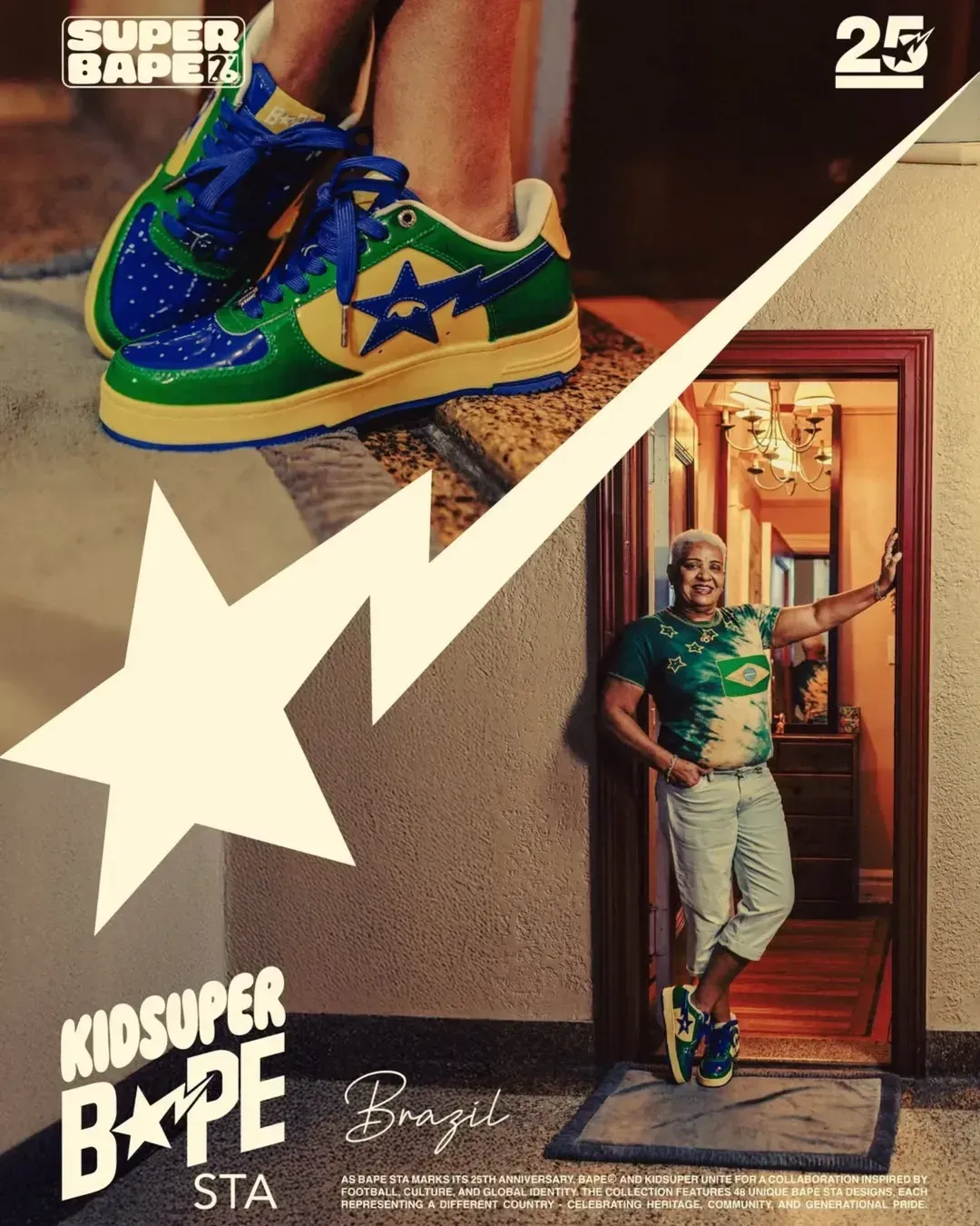 KidSuper Bape Sta poster for Brazil, with green and yellow sneakers worn by a woman in a Brazil-flag T-shirt