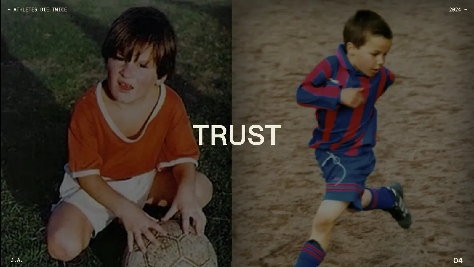 Talk slide reading TRUST across two childhood photos: a boy crouched over a football and a boy running in a striped kit