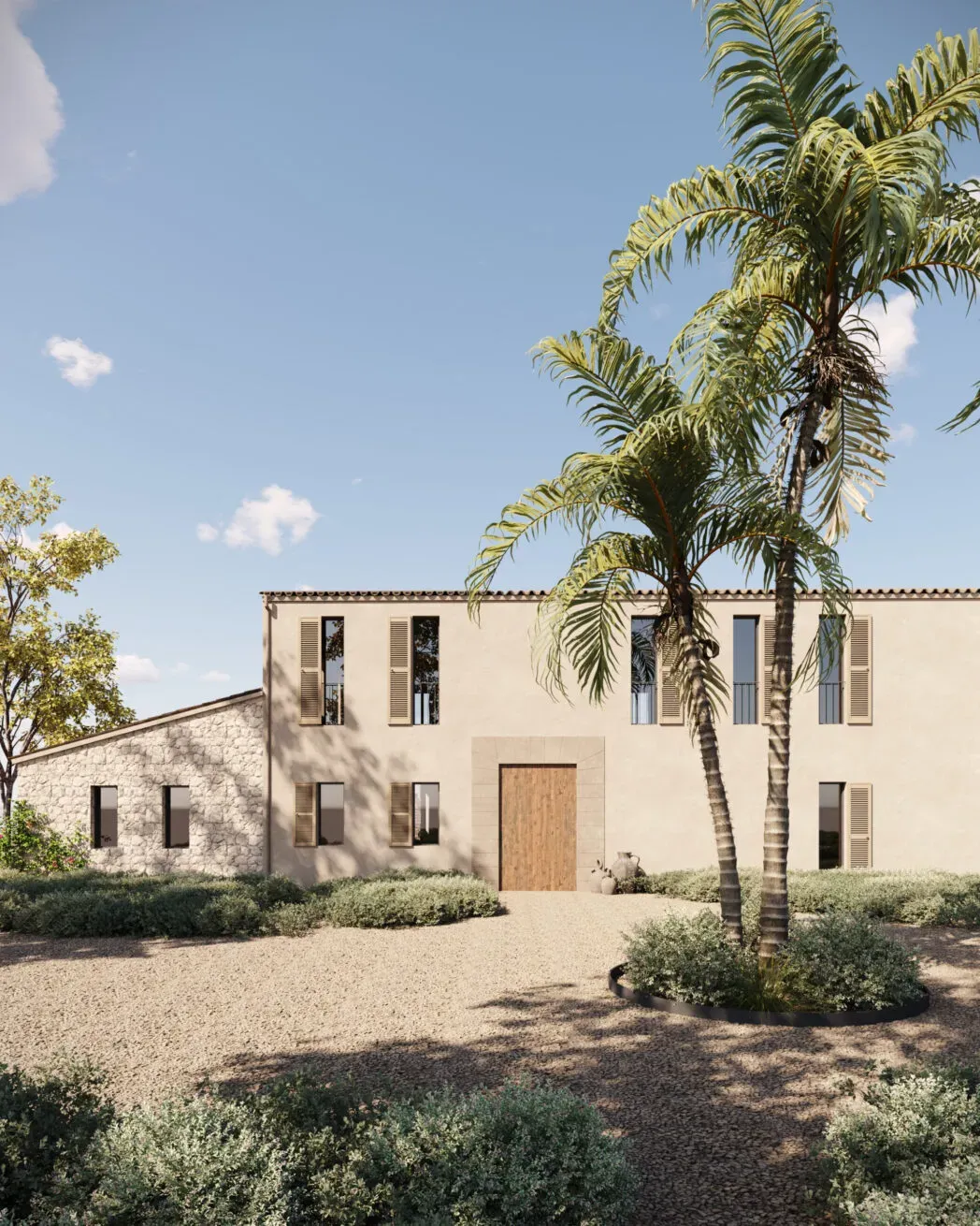 Angel Martin Studio rendering of a sand-coloured country house with wooden shutters and palm trees in a gravel courtyard