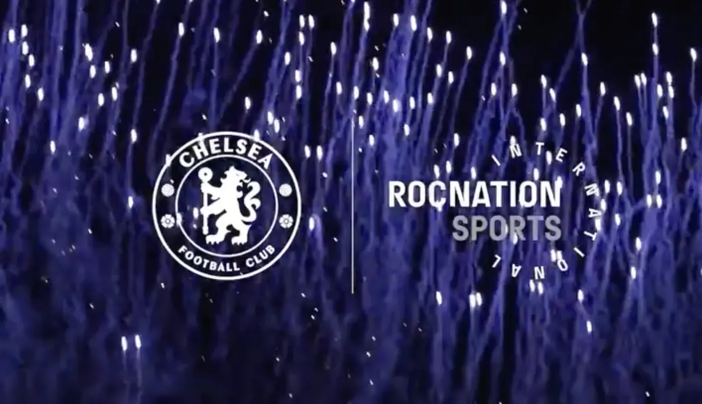 Chelsea Football Club crest beside the Roc Nation Sports International logo over a burst of blue firework sparks