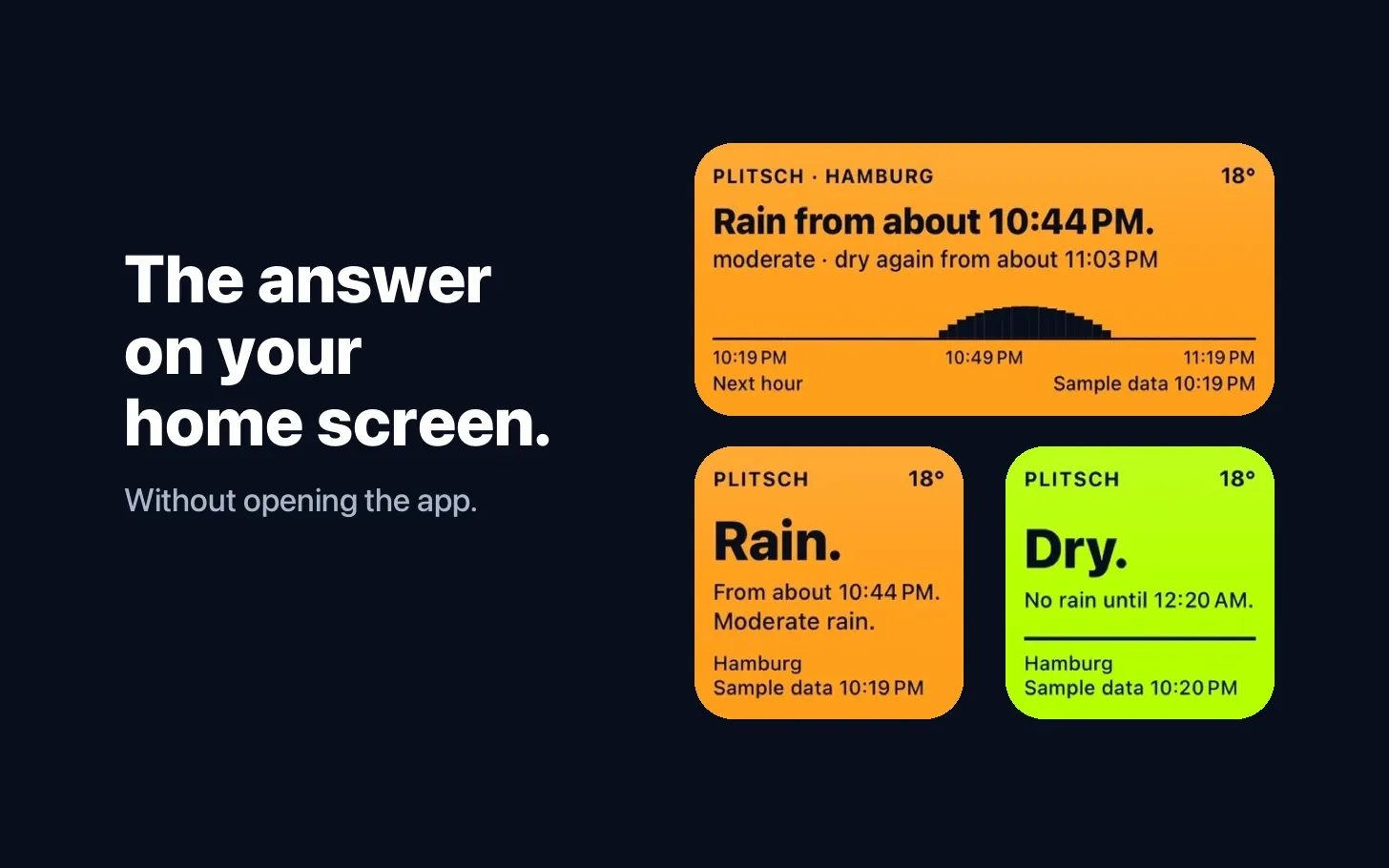 Three Plitsch home screen widgets for Hamburg, “Rain.” in orange and “Dry.” in green, beside the line “The answer on your home screen.”