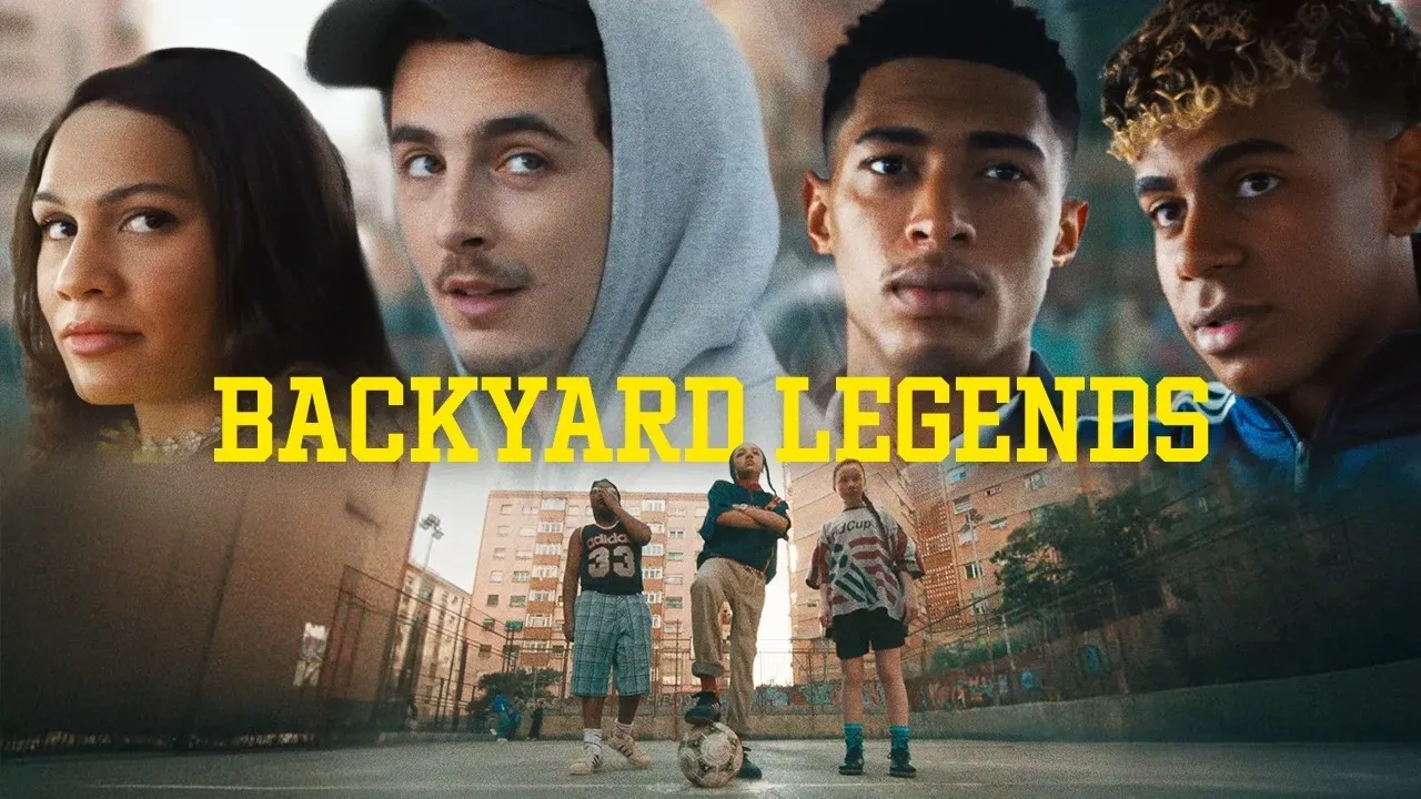 Poster for the adidas film Backyard Legends: four faces above three kids with a ball on a pitch between tower blocks