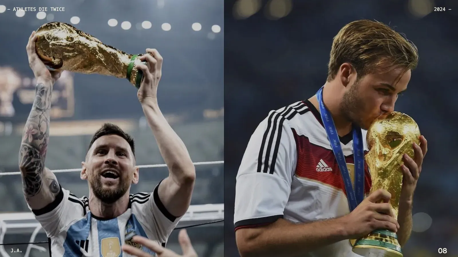 Two footballers with the World Cup trophy, one in sky-blue and white stripes lifting it high, the other kissing it