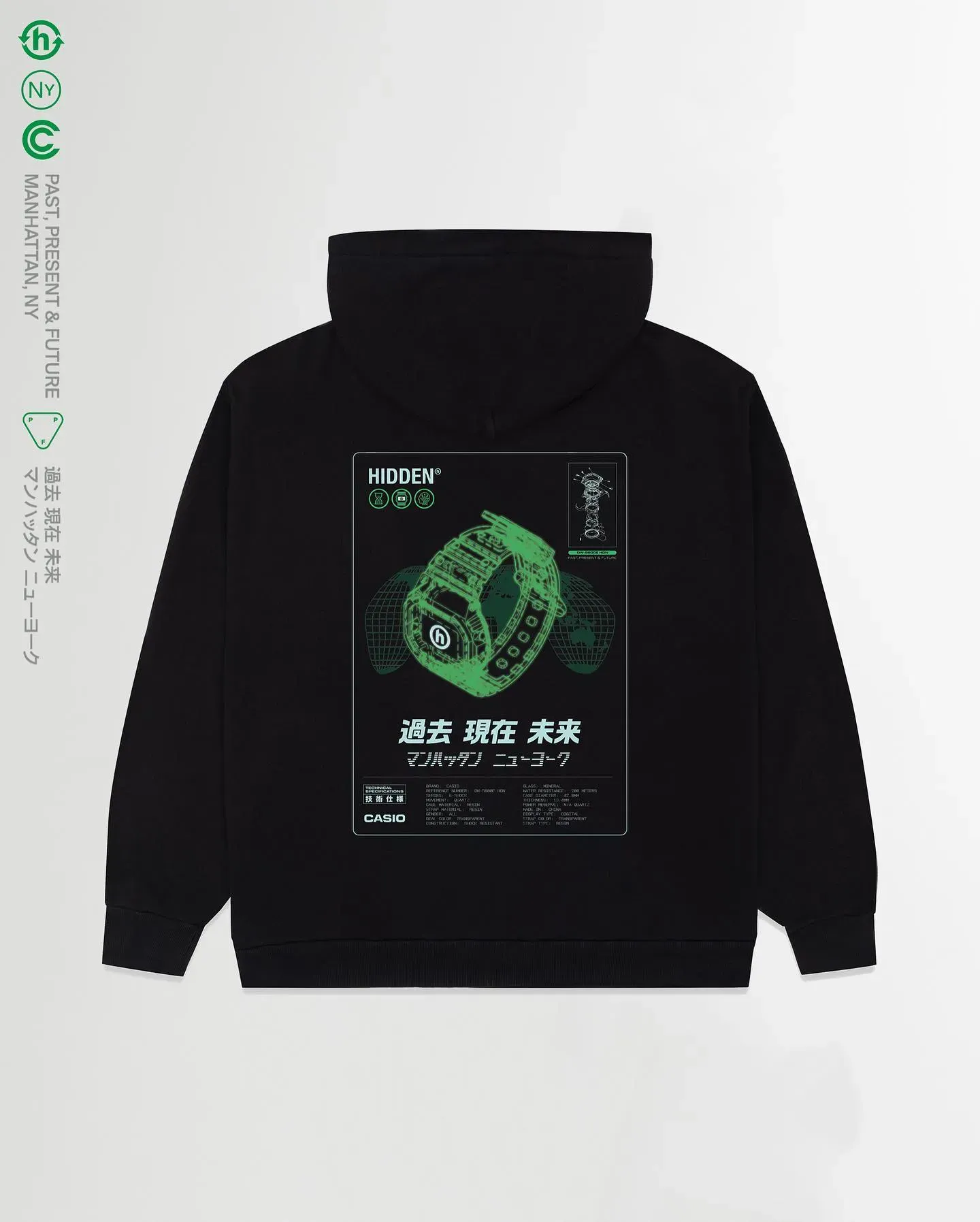 Back of a black Hidden hoodie printed with a green wireframe G-Shock, Japanese lettering and a Casio spec sheet