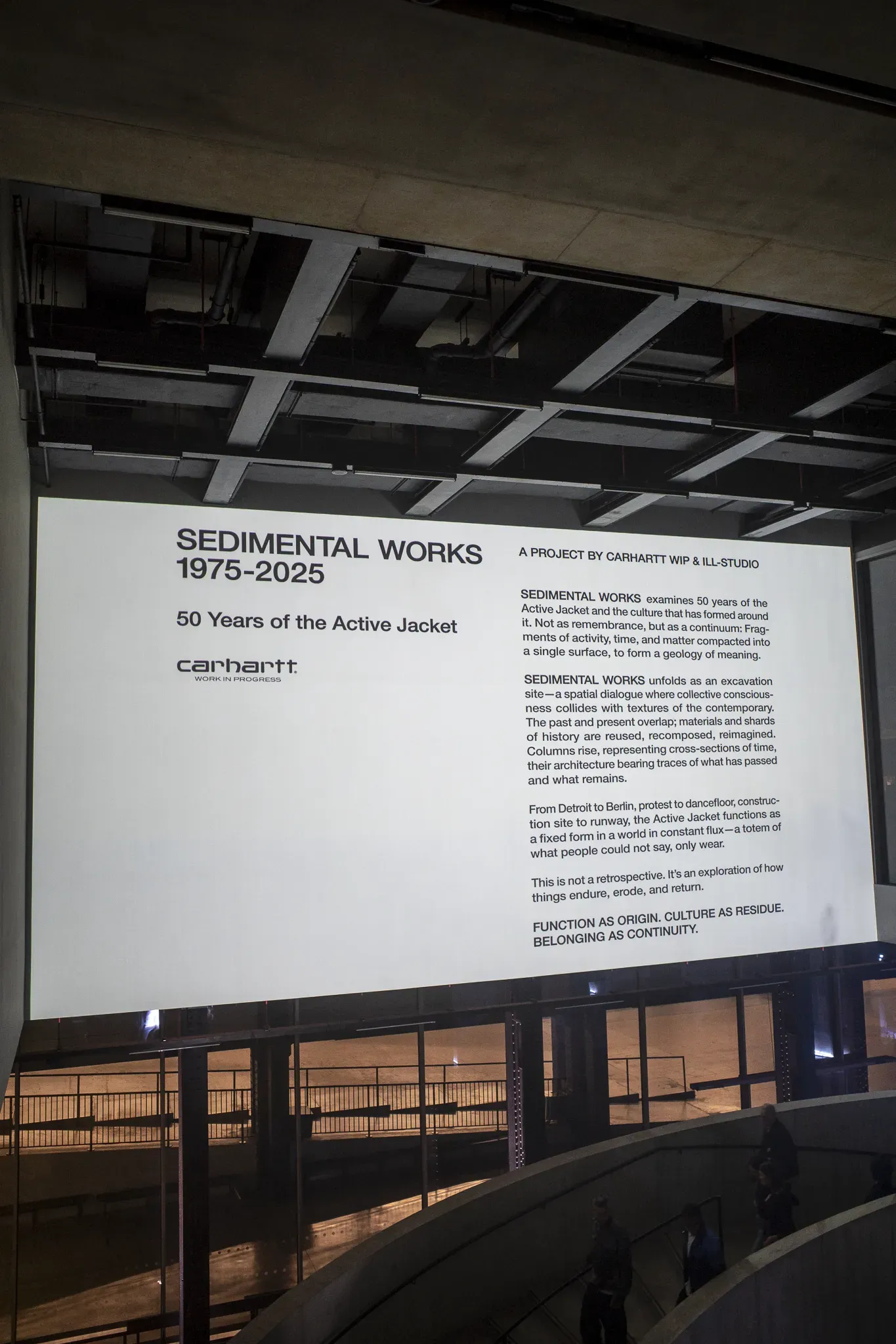 Giant wall text for Sedimental Works 1975–2025, 50 Years of the Active Jacket, a project by Carhartt WIP and Ill-Studio