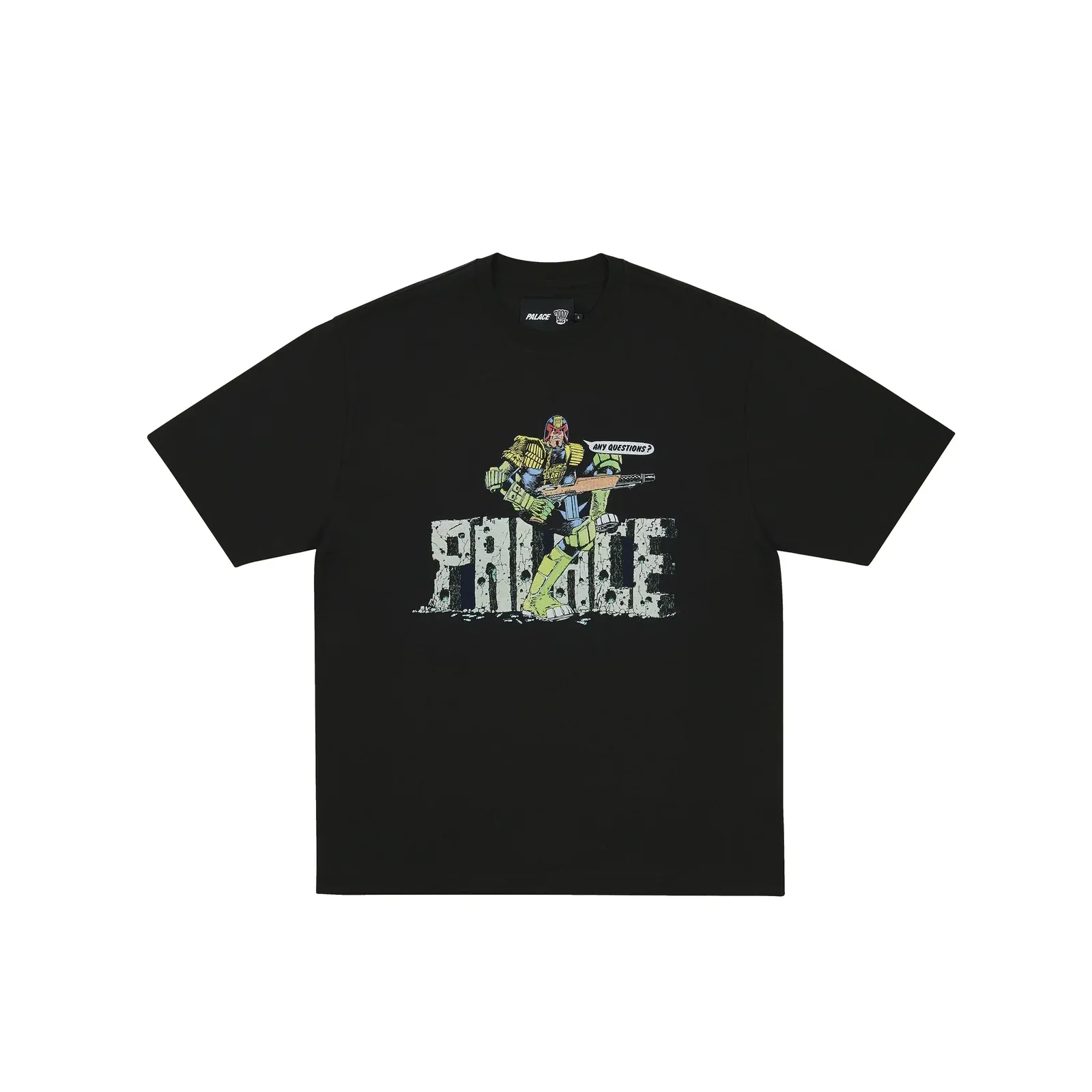 Palace’s black Judge Dredd T-shirt, Dredd standing on the Palace logo
