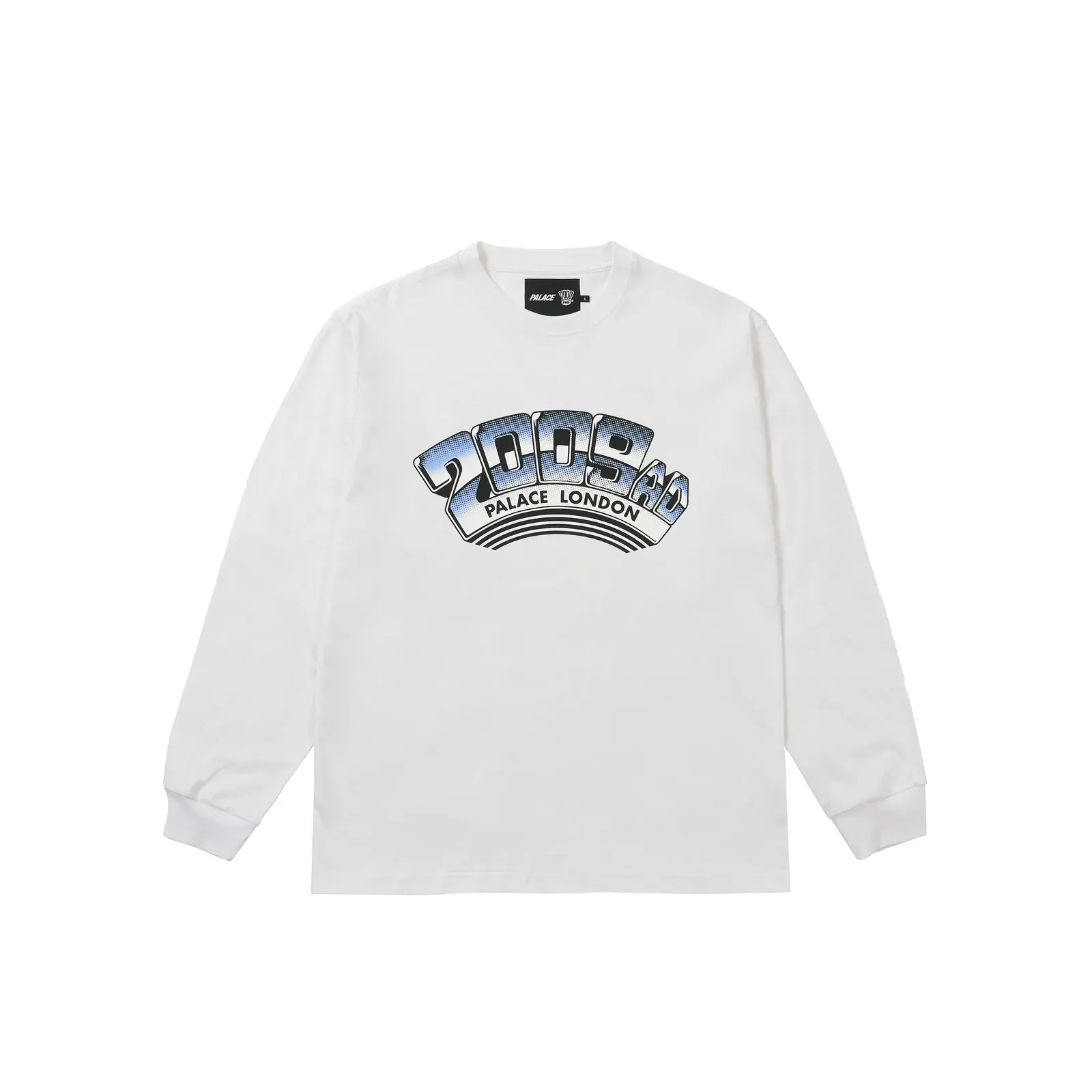 Palace’s white long-sleeve with “2009AD Palace London” in chrome lettering