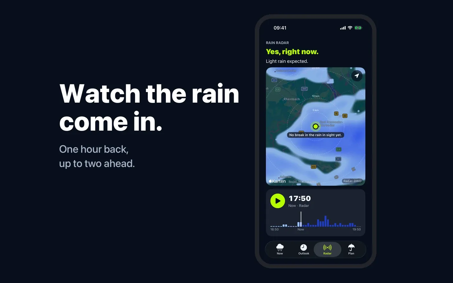 The Plitsch rain radar on an iPhone, a map with the rain and a timeline, beside the line “Watch the rain come in.”
