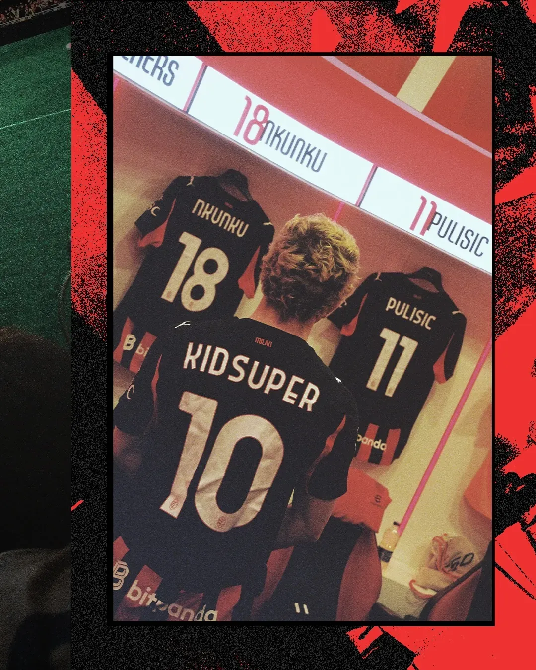 Back of a black and red Milan shirt reading KidSuper 10, worn in a dressing room beside the Nkunku and Pulisic shirts