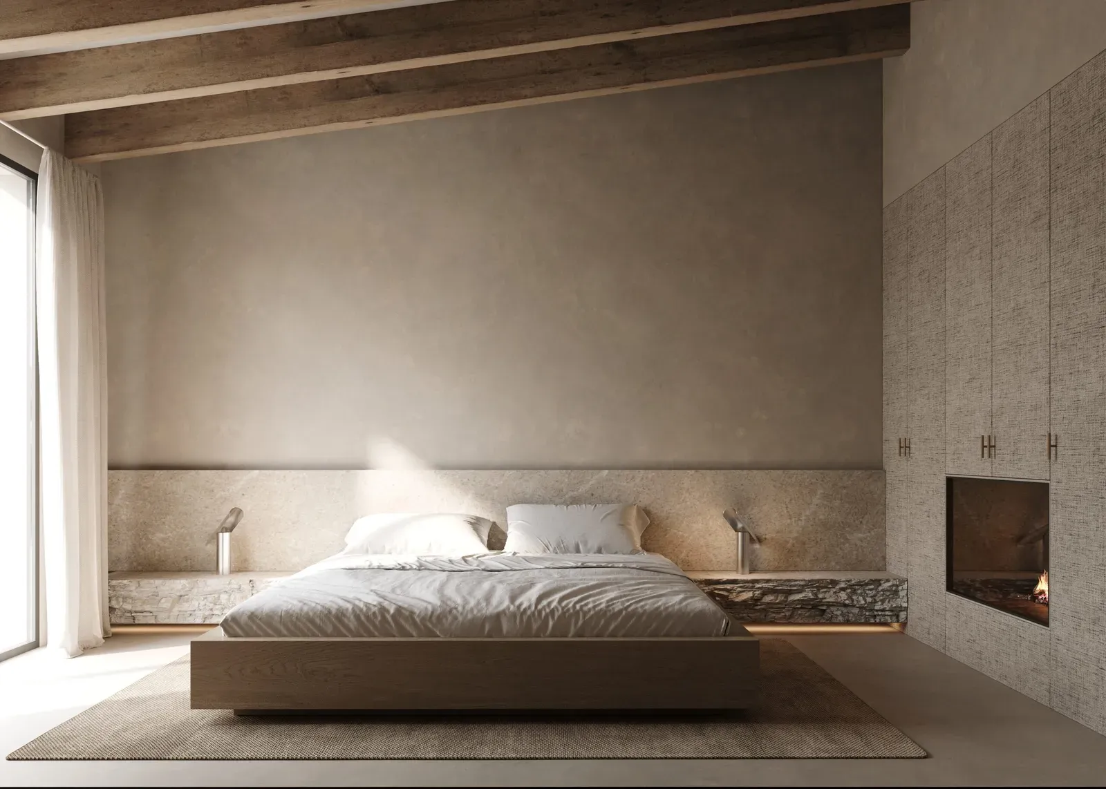 Minimal bedroom with a low oak bed, a stone headboard ledge, exposed wooden beams and a fireplace set into the wardrobes