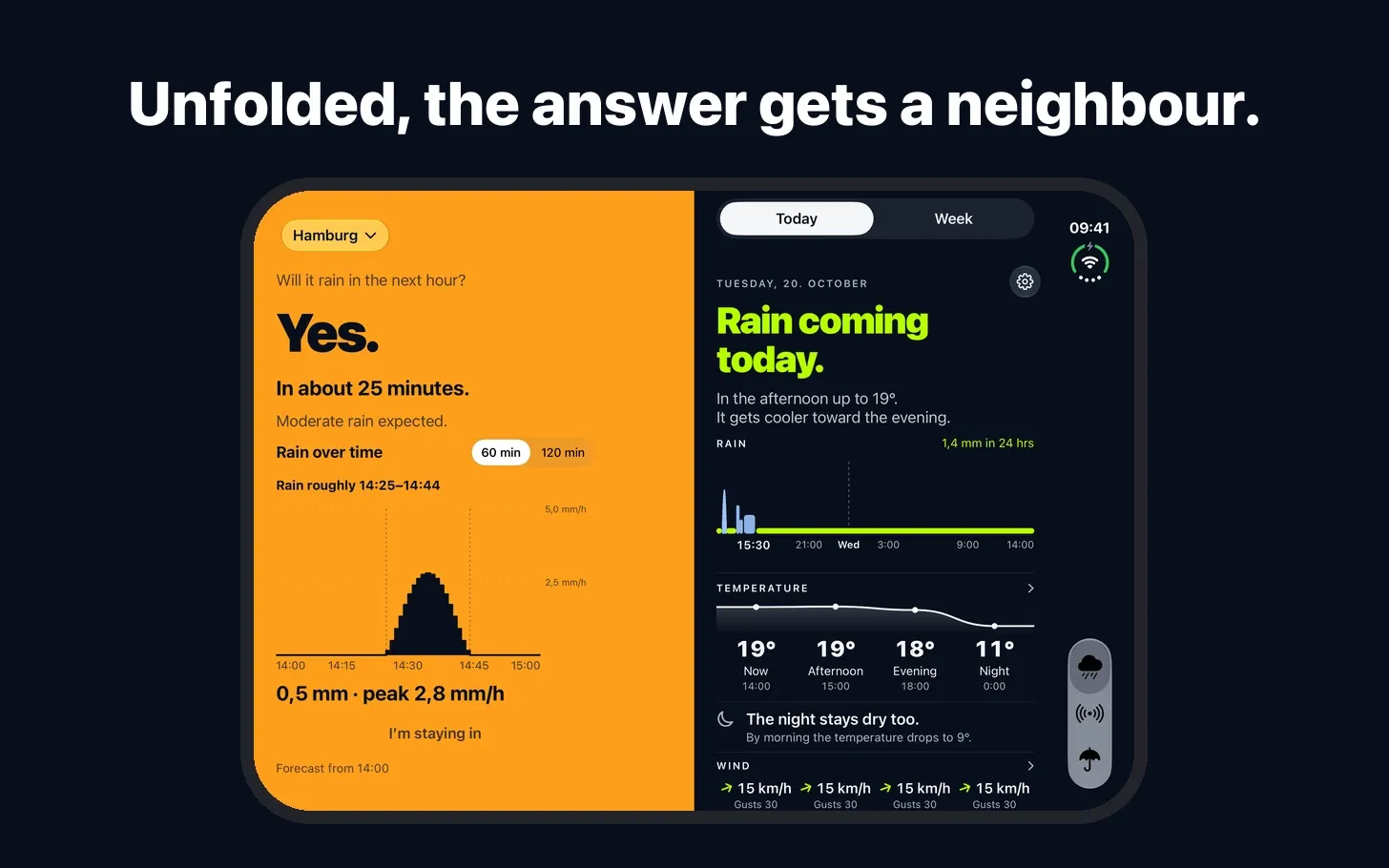 Plitsch unfolded on the iPhone Duo, the answer on the left and the day’s rain and temperatures on the right, under the line “Unfolded, the answer gets a neighbour.”