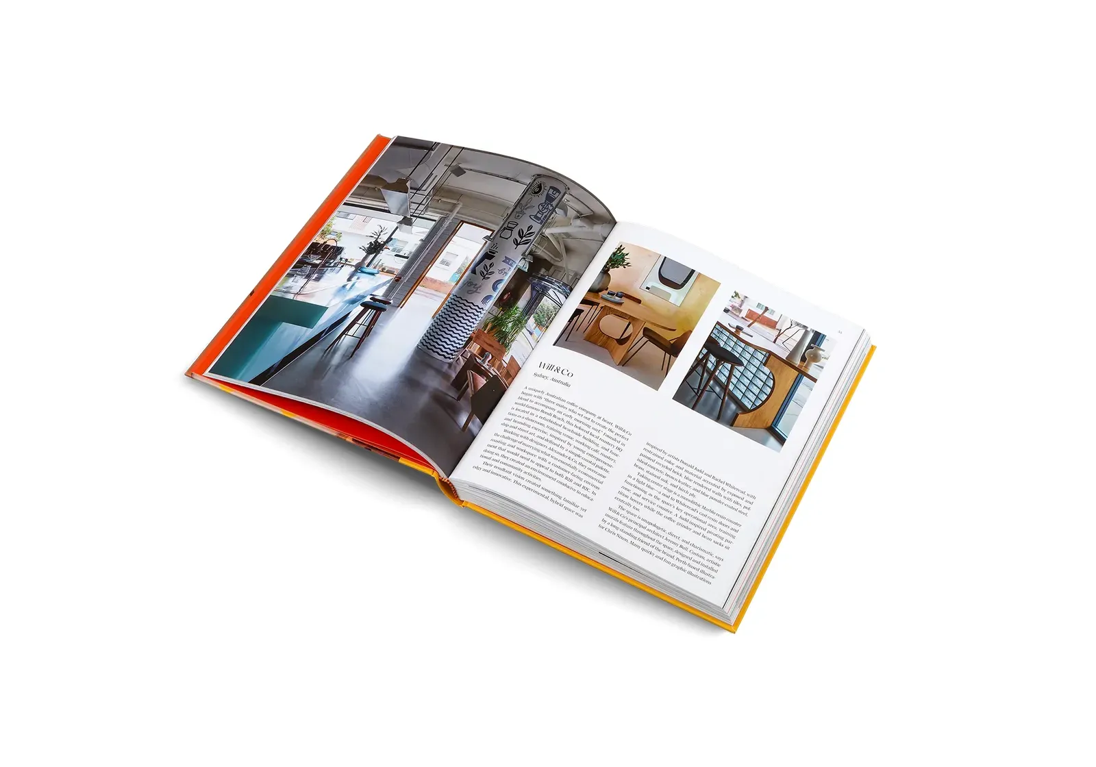 Open book spread on Will & Co in Sydney, Australia, a bright café with an illustrated pillar and a row of bar stools