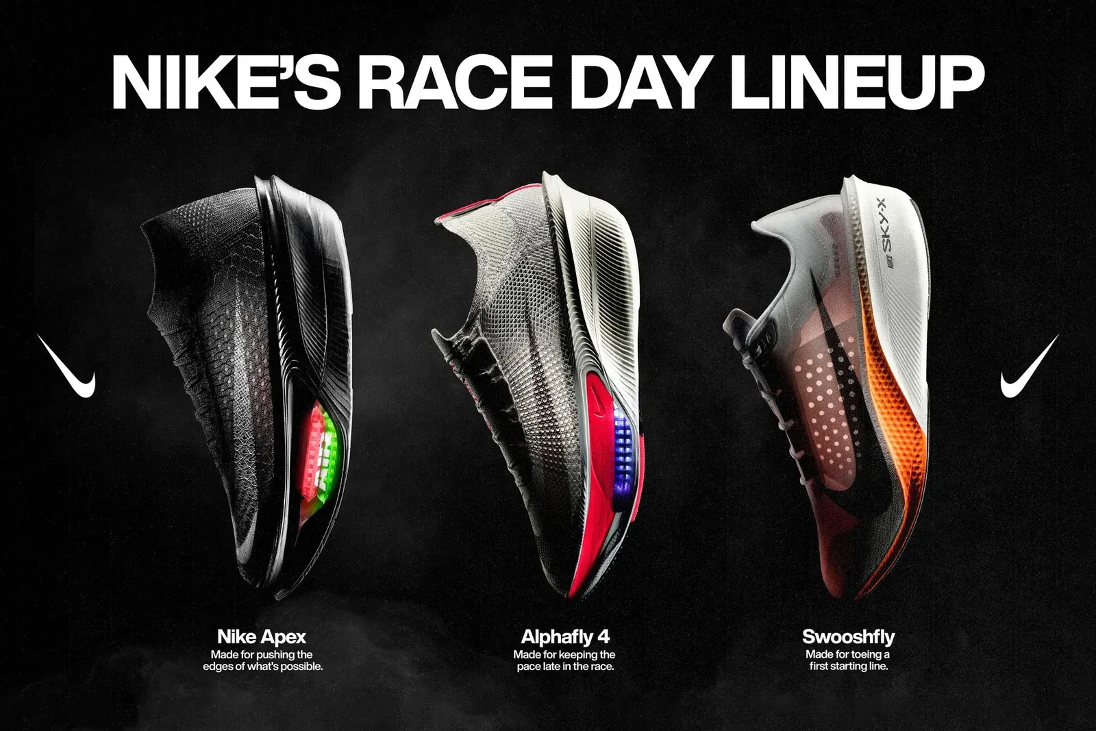 Nike’s three race shoes side by side: Apex, Alphafly 4 and Swooshfly