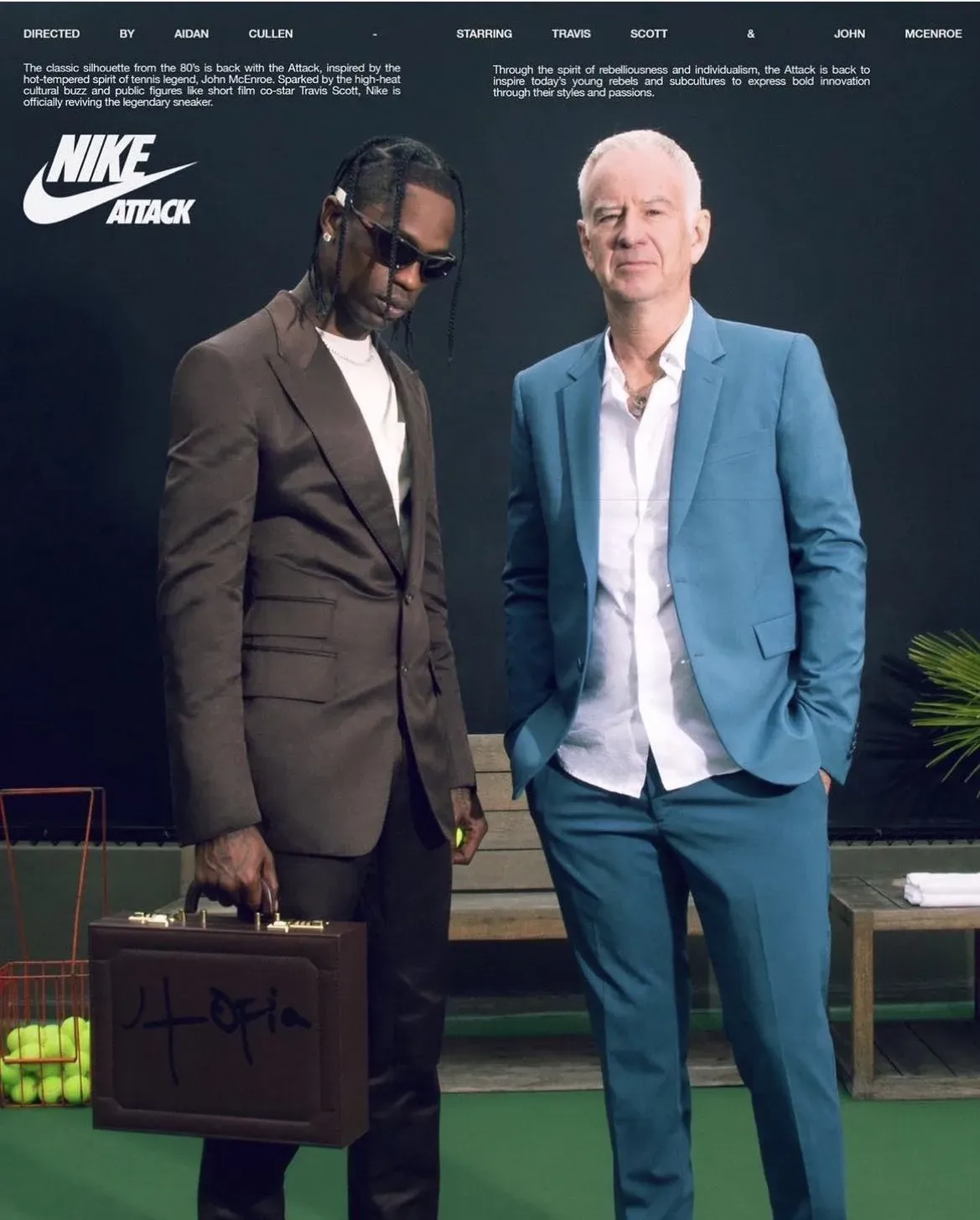 Nike Attack poster: Travis Scott in a brown suit holding the Utopia briefcase beside John McEnroe in a blue suit