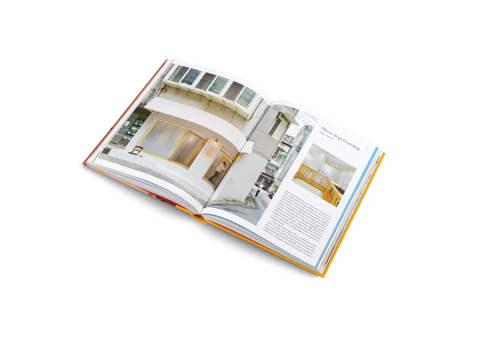 Open book spread on Fifteen Steps Workshop in Taipei, Taiwan, a white corner café with yellow window frames