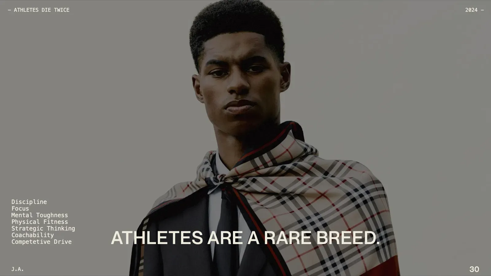 Slide reading ATHLETES ARE A RARE BREED, listing traits from discipline to competitive drive, over a man in a check scarf