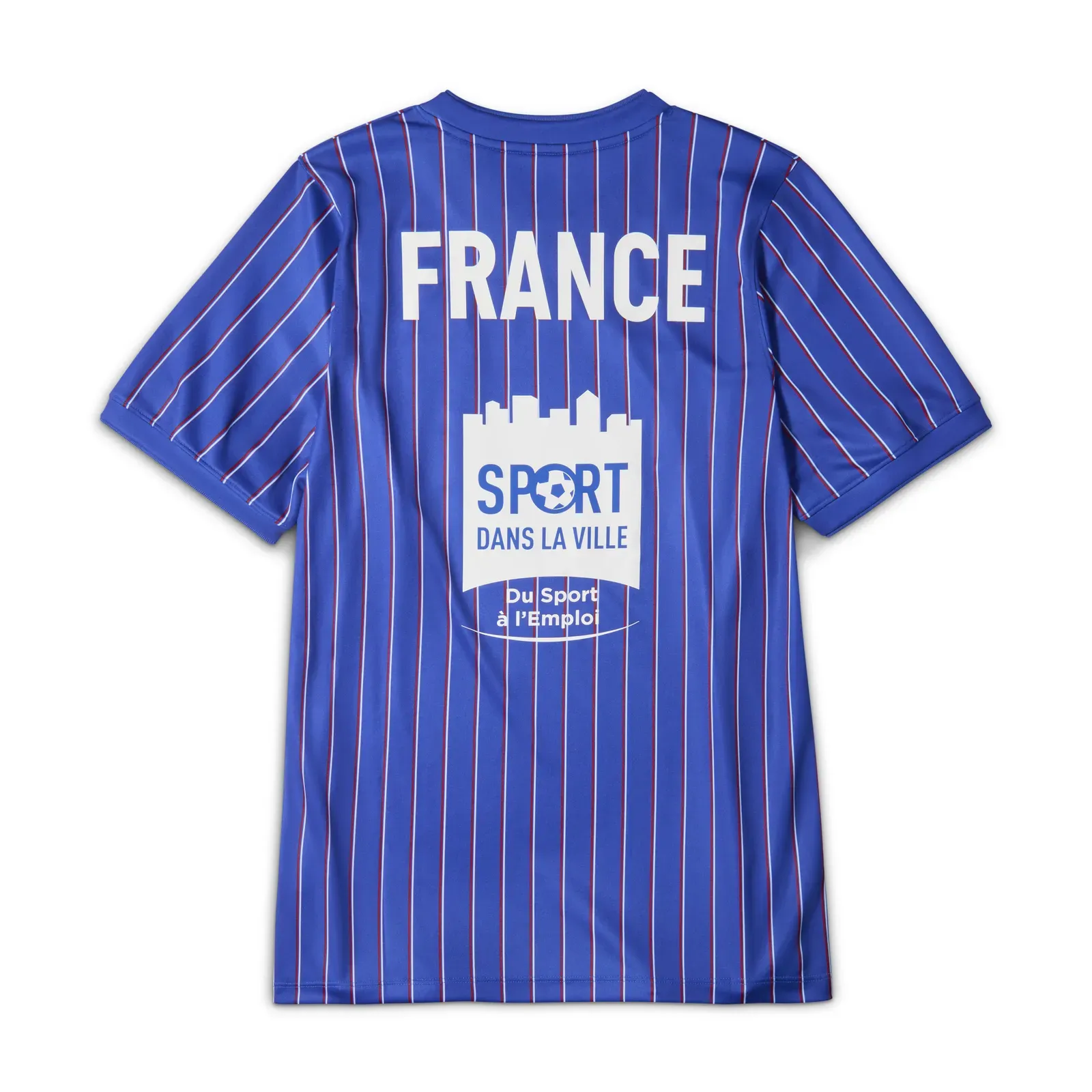 France’s blue pinstriped warm-up shirt, the back printed with France and the Sport dans la Ville charity logo