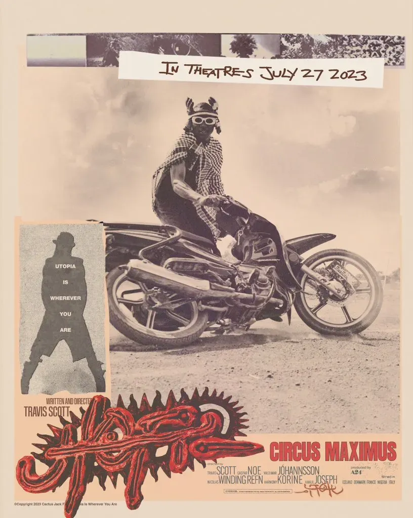 Circus Maximus film poster, in theatres July 27 2023, with a goggled rider skidding a motorbike on a dusty road