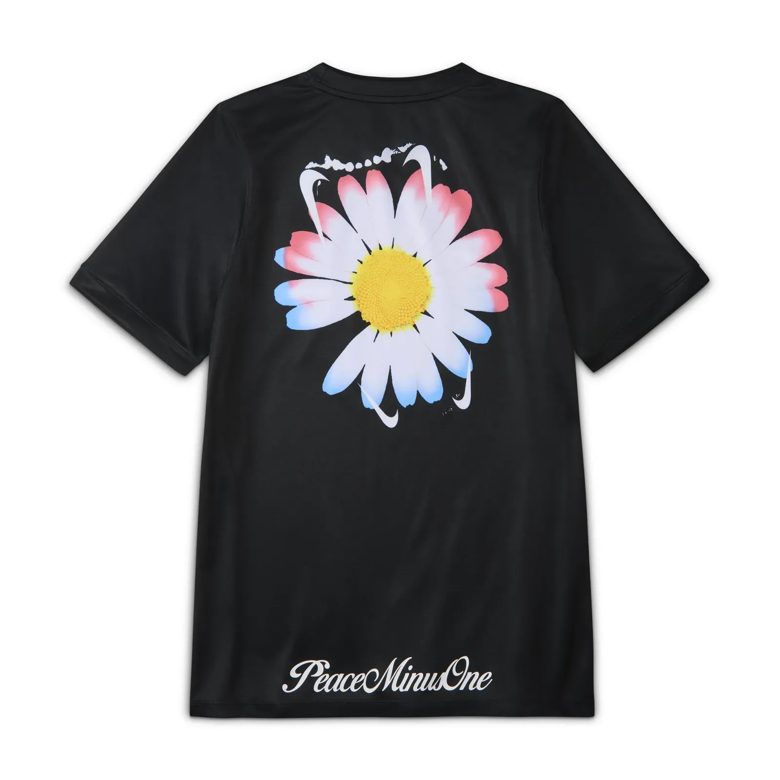 Black PeaceMinusOne shirt for South Korea, the back printed with a big daisy ringed by Nike swooshes