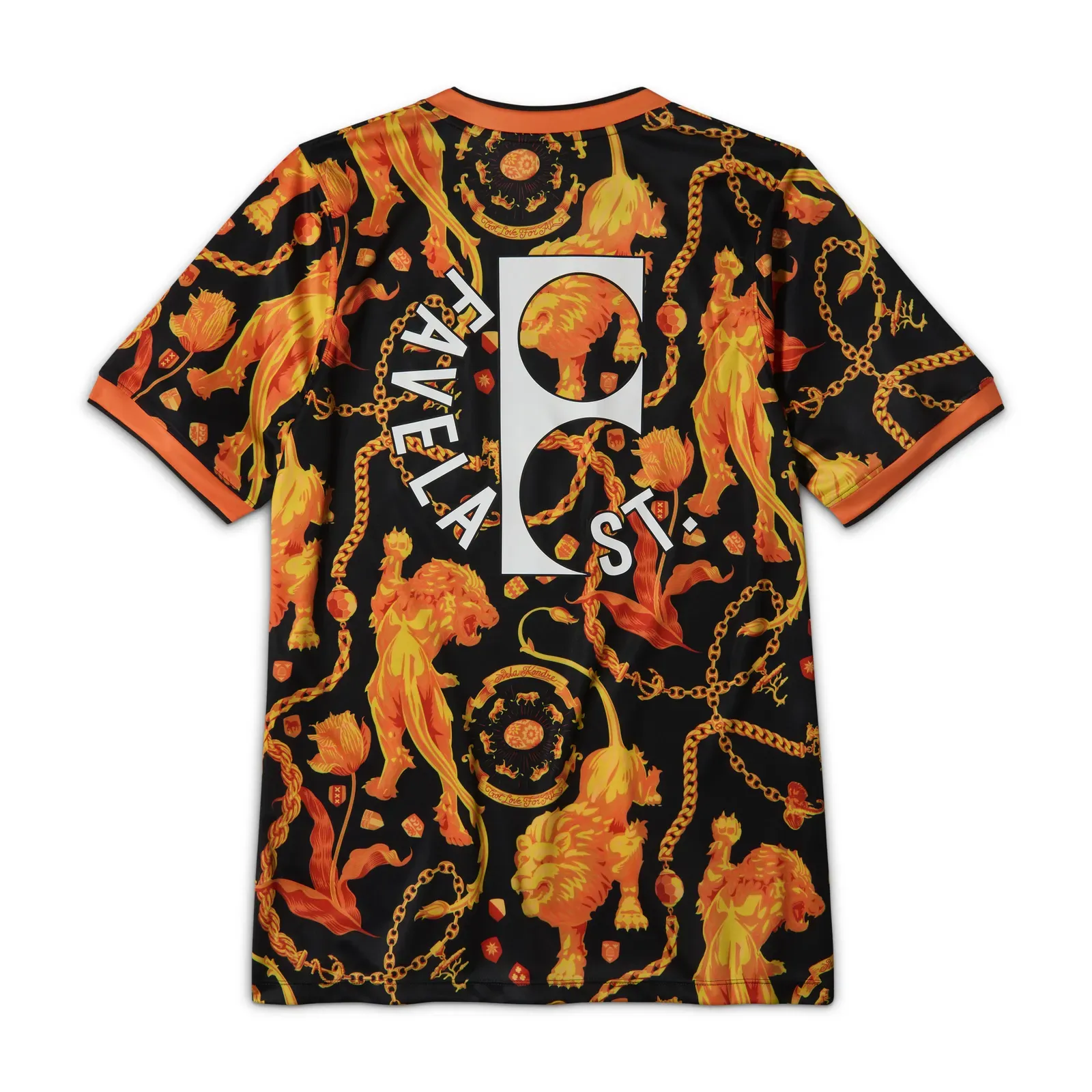 Black shirt printed with orange and gold lions, tulips and chains, the back carrying a big white Favela St. logo
