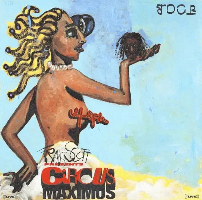Painted tour poster, Travis Scott presents Circus Maximus Live: a woman with snake-like hair holds up a small head