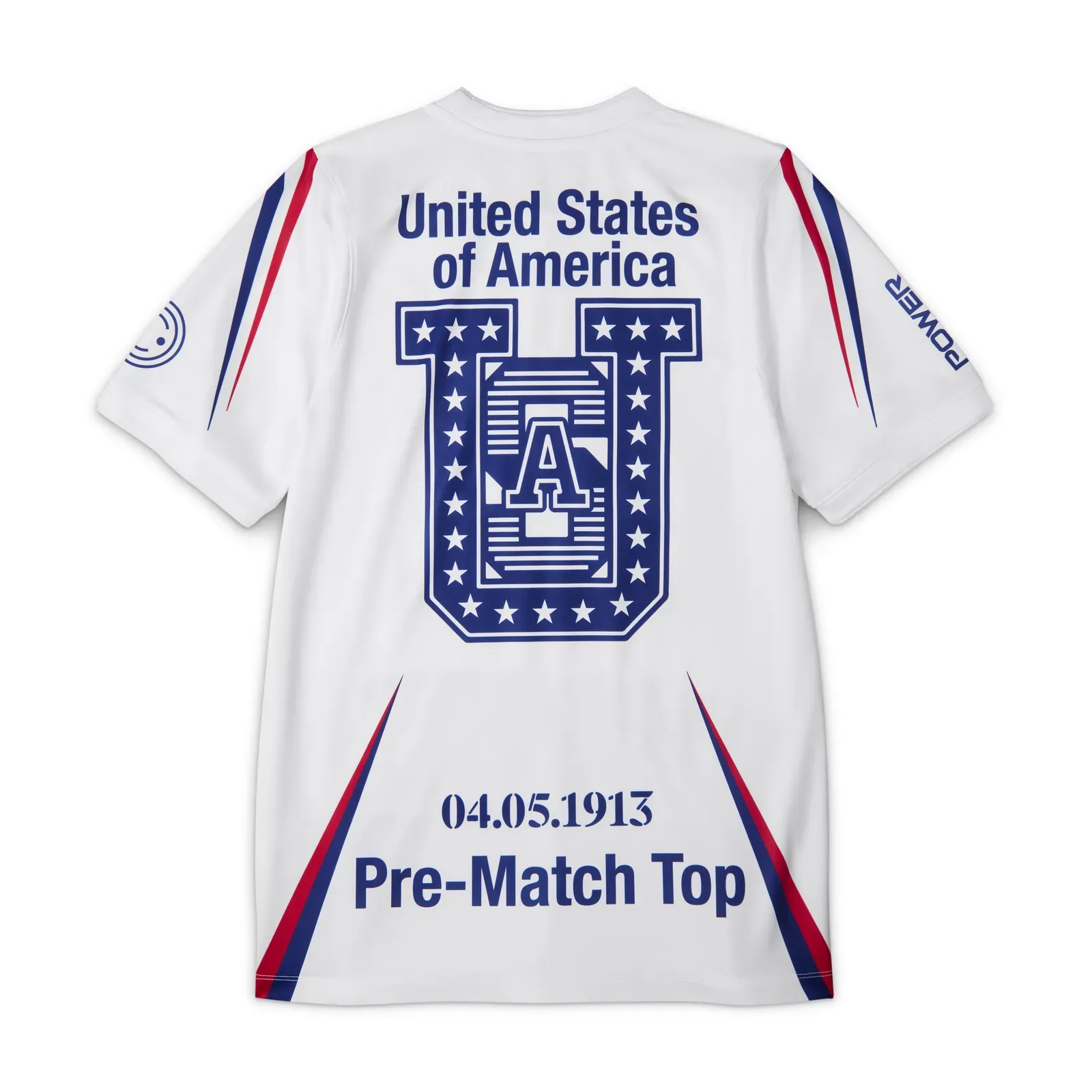 White United States of America pre-match top with a star-studded U crest, the date 04.05.1913 and red and blue stripes