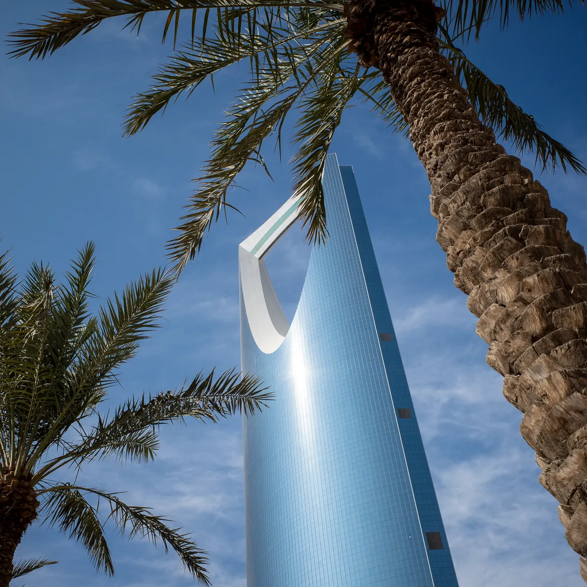 The Kingdom Centre tower seen from below between palm fronds.